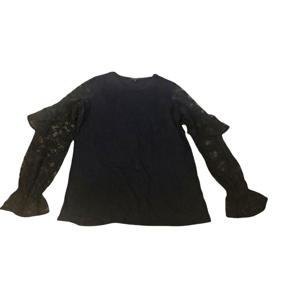 Stella & Dot Black Knit Top Floral Lace Tiered Ruffle Sleeve Crew Neck Large